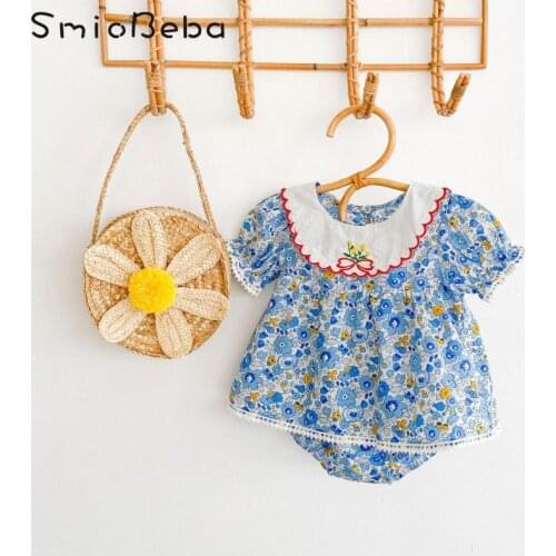 Newborn Summer Girls Baby Floral Rompers 100 Day Dress Embroidered Collar Short Sleeve Cotton Triangle Bodysuits Sweet Clothing