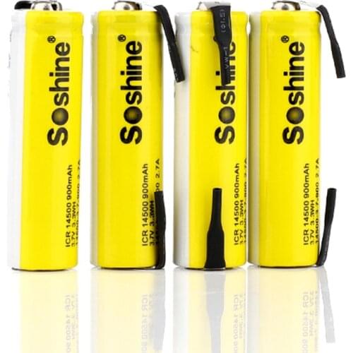 4pcs SOSHINE LI-ION 14500 AA 900MAH 3.7V HIGH DRAIN rechargeable with tab Spot welding battery + battery Storage Box