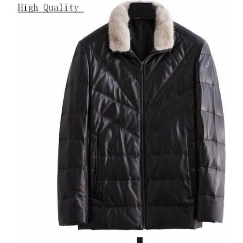 Winter Mens Leather Jacket 100% Real Mink Fur Collar Sheepskin Coat Men Duck Down Jacket Warm Genuine Leather Coat 00235