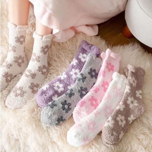 New Thicken Coral Velvet Women Sweet Flowers Printed Long Socks Winter Warm Plush Coral Fleece Home Indoor Sleep Sock 10 Pairs