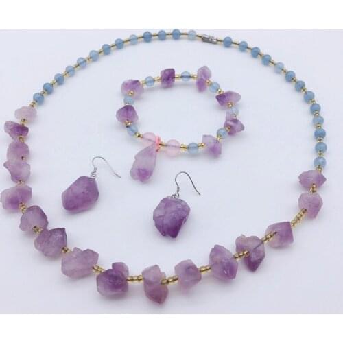 New Design handmade natural purple irregular stone necklace bracelet earrings jewerly set