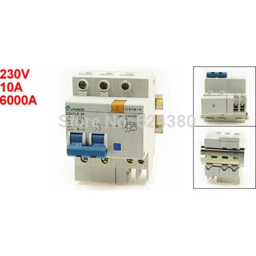 AC 230V 220V 10A 2P 2 Poles 6kA Household Miniature Earth Leakage Circuit Breaker Overload Protection DZ47LE-32 C10 + Lead Rail