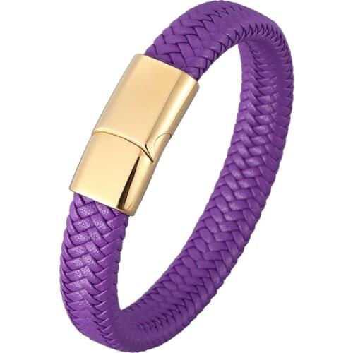 Simple Purple Braided Leather Rope Bracelet for Men Women Bangle Steel Magnet Clasp Weave Wristband Valentines Day Gift PD0982