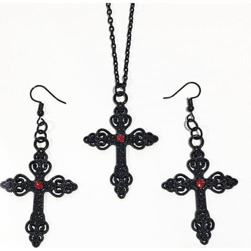 Fashion Black Carved Cross Necklace and Earrings Set, Vintage Gothic Cross Pendant, Gift for Christian Women
