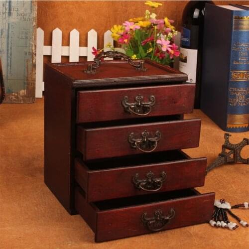 Jewelry Storage Box For Women 4 Drawers Handmade Antique Large Capacity Bedroom Wooden Jewelry Box Portable Cabinet Desktop