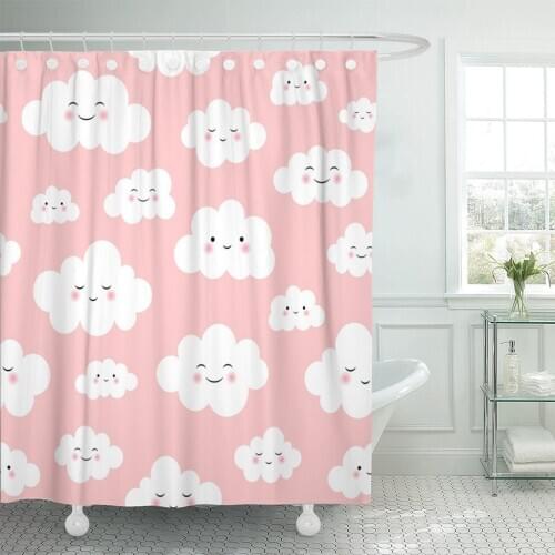 Blue Pattern Cute Cloud Baby Face Doodle Smile Hand Shower Curtain Waterproof Polyester Fabric 72 x 72 Inches with Hooks