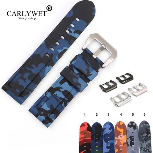 CARLYWET 22 24mm Camo Blue Black Grey Red Waterproof Silicone Rubber Replacement Watch Band Loops Strap For Panerai Luminor
