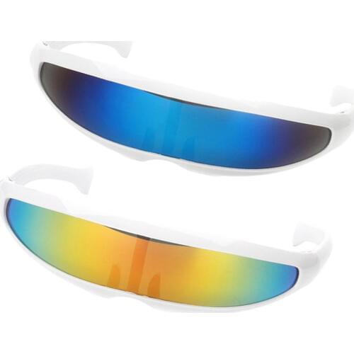 2pcs Yellow Blue UV Protect Alien Futuristic Eyeglasses Narrow Cyclops Color Mirrored Lens Visor Sunglasses