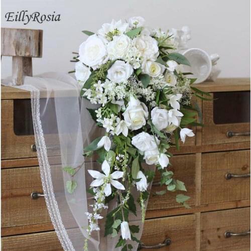 EillyRosia Waterfall Wedding Bouquet for Bride White Green Gorgeous Hand Tied Natural Design Country Style Bridal Bouquet Newest