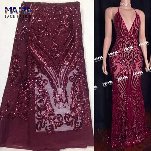Burgundy Sequins Net Lace Fabrics 2021 New Year Prom Party Dresses Laces Fabric African Wedding Wine Red Sequined Material