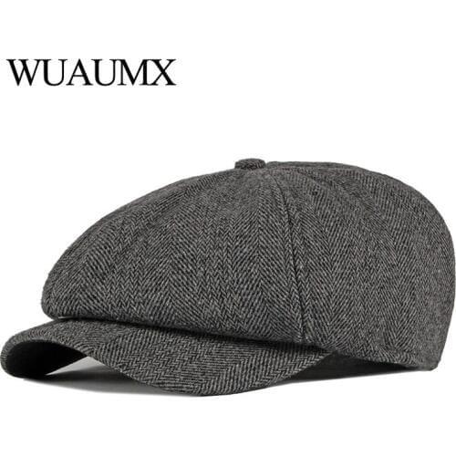 Wuaumx Retro Autumn Winter Octagonal Hats Tweed Newsboy Caps Men Black Painters Hats Berets Herringbone Flat Caps Wholesale