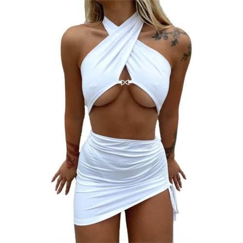 XLLAIS Soft White Halter Tight Tank Tops High Waist Mini Pencil Skirts Two Piece Set Women Sexy Good Quality Streetwear Outfits