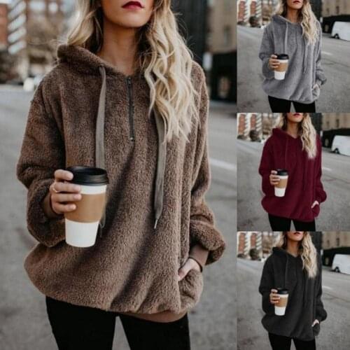 Women Autumn Winter Fleece Hoodie Solid Color Long Sleeve Drawstring Hooded Sweatshirt Loose Ladies Pullover