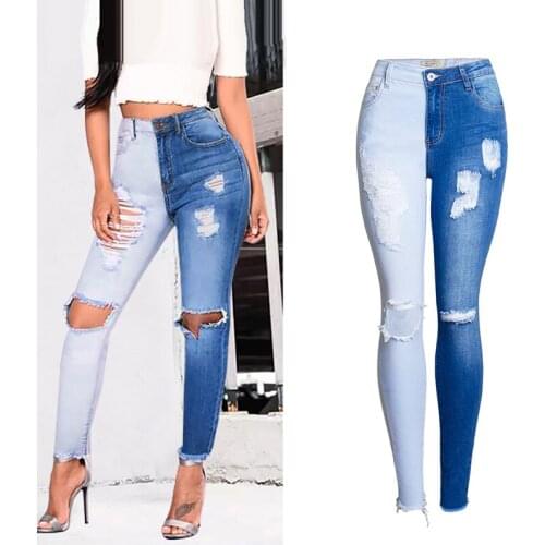 Women Ripped Patchwork Jeans Fashion Knee Hole Color Matching Stretch Denim Pencil Pants Femme Casual Skinny Jeans