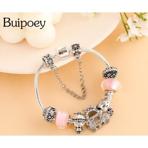Buipoey Silver Color Crown Carriage Charm Bracelets For Women Original Flower Basket Boys Girls Beaded Bracelet & Bangle Jewelry