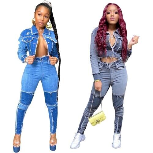 2020 Autumn Tassel Patchwork Jeans Washed Tracksuit Short Top Blouses High Waist Jeans Stitching Fly Denim Suit Women' Clothes