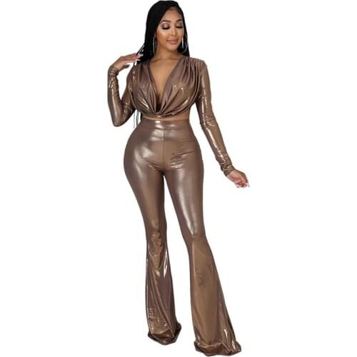 Sexy PU Faux Leather 2 Piece Set for Women Elegant Party Club Outfits Ruched V-neck Crop Top and Flare Pants Matching Sets 2021