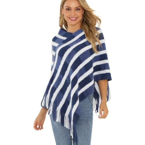 Women Stripe Tassel Sweater Shawl Knitted Capes Autumn Winter Pullover Tunic Poncho Coat