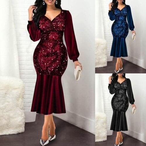 Women Sequined Fringed V-neck Long Sleeve Dress With Fringed Elegant Long Temperament Dress Party Dress Ladies Sexy Shiny Dress