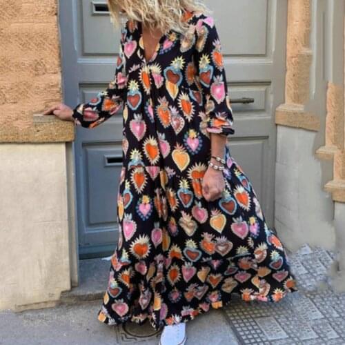 Fashion Vintage Floral Printed Women Loose A-Line Dress Autumn Casual Long Sleeve Dresses Ladies Elegant Sexy V-Neck Party Dress