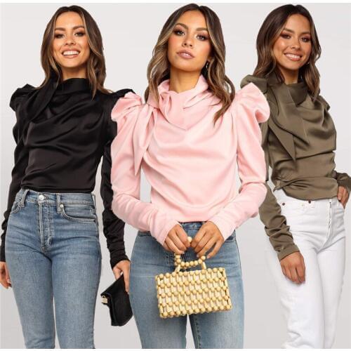 2019 New Fashion Womens Puff Sleeve Shirt Solid Turtleneck Pleated OL Ladies Casual Loose Blouse Stain Bow Tops