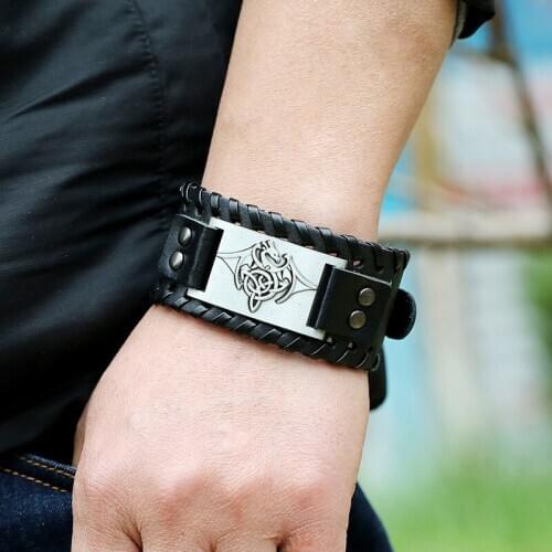 Eif Dock Vintage Northern Europe Symbol Flying Dragon Wide Wrap Genuine Adjustable Leather men‘s Viking Bracelet Dropshipping