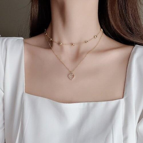 DAXI Crystal Heart Jewelry Simple Chain for Women 2021 Double-Layer Stainless Steel Long Choker Necklace