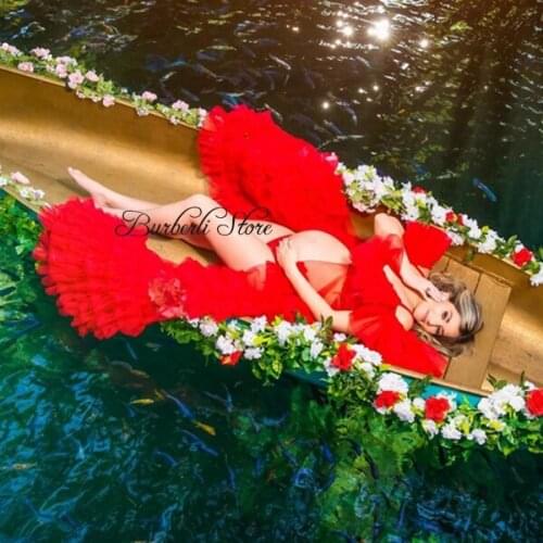 Demure Red Tulle Long Maternity Dresses Photography See Thru Off The Shoulder Draped Tulle Long Robe Mesh Women Dresses 2021