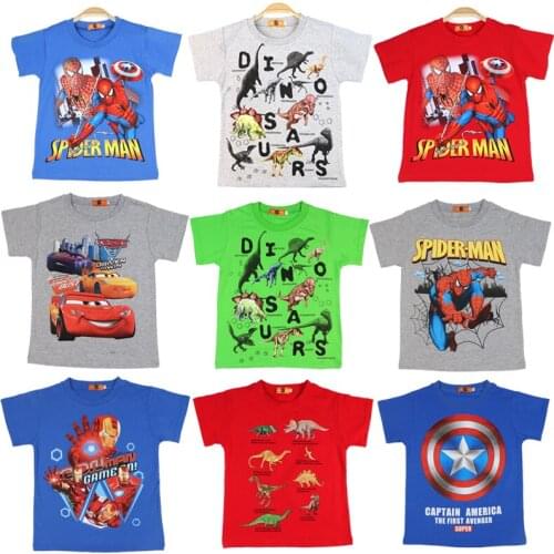 Kids Clothes Boys Cartoon Marvel Pixar McQueen Dinosaur T Shirt Spiderman Captain America Tee Toddler Boys Graphic Tee Cotton