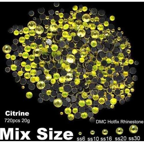 DMC Hotfix Rhinestones Citrine Mixed Sizes SS6 SS10 SS16 SS20 SS30 720pcs Glue Backing Glass Diamonds DIY Crafts Embellishments