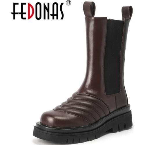 FEDONAS 2020 Winter Newest Mid-Calf Boots Elastic Band Genuine Leather Round Toe Platform Chunky Heels Pumps Basic Shoes Woman