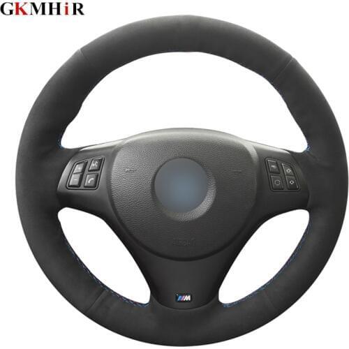 GKMHiR DIY Black Hand-stitched Blue Marker Black Suede Leather Car Steering Wheel Cover for BMW M3 2009-2013 E92
