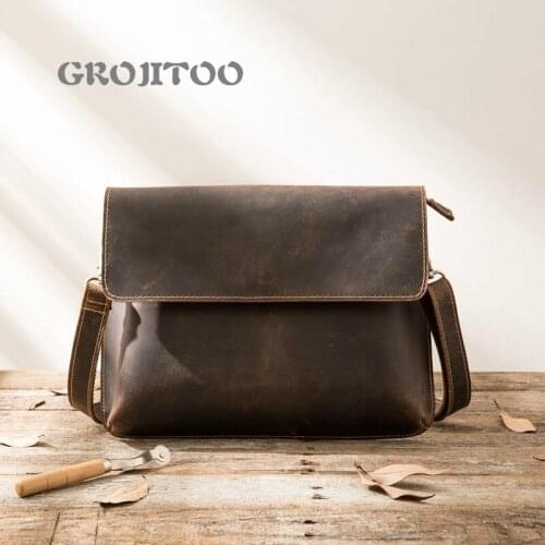 GROJITOO Mad horse leather mans Bag Handmade leisure cowhide personalized Shoulder Bag Messenger Bag Leather iPad bag for man