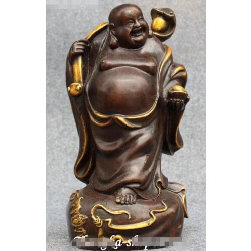 11" Chinese Bronze Gilt Bat Happy Laugh Maitreya Buddha Hold Ruyi Yaunbao Statue