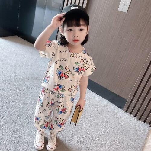 Girls Clothes Set Cute Printed Short Sleeves T-shirt+Casual Pants Sport Tracksuit 2pcs Summer Kids Girl Clothing Set Girls Suits