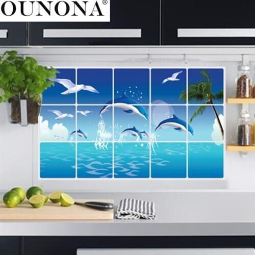 OUNONA Dolphin Kitchen Stickers Anti-Oil Paste Waterproof Removable Bathroom Wall Stickers Decals Wallpaper Home Decoration