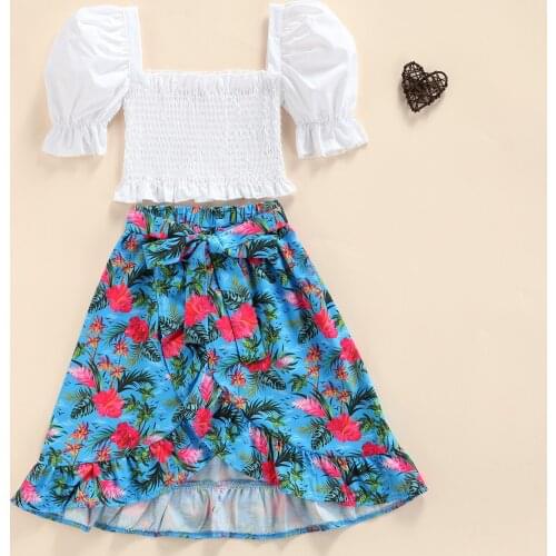 Toddler Baby Girls Summer Cotton Outwear Clothes Puff Sleeve Pleated Crop Top T-shirts+ Floral Ruffles Skirts Children Outwear