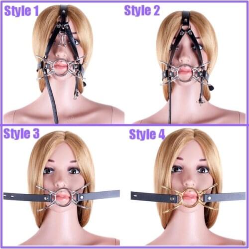 Metal Spider O Ring Gag Open Mouth Plug Leather Head Harness With Nose Hook SM Bondage Slave Muzzle Oral Fixation Adult Sex Toys