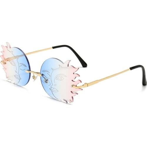 Fashion Rimless Unique Polygonal Moon Smiley Sunglasses Women Vintage Gradient Lens Eyewear Shades UV400 Sun Glasses Men