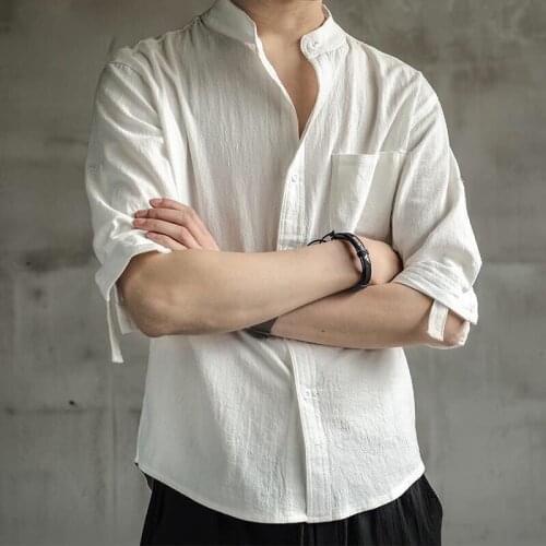 2021 Mens Shirt Cotton Linen Short Sleeve Tops Vintage Loose Male Social White Clothing Plus Size Summer Casual Shirts For Men