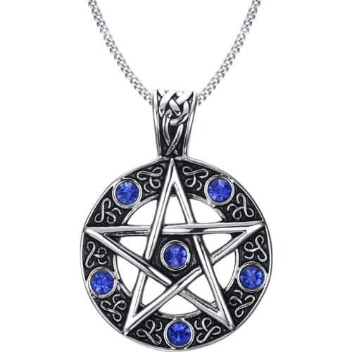 JHSL Male Men Star Necklaces & Pendants inlay Blue Cubic zircon Stone Fashion Jewelry Stainless Steel 60cm Chain