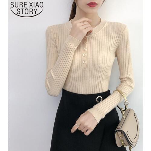 Winter Slim New Elasticity Solid Round Neck Knitted Long Sleeve Women Shirts Autumn Women Sweaters Women Clothes Button 7577 50