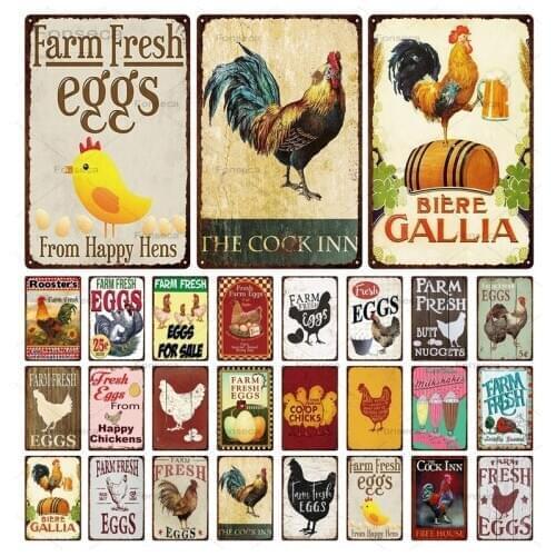 Rooster Vintage Metal Sign Chicken Tin Sign Egg Plaque Metal Vintage Farmhouse Wall Decoration Rooster Retro Metal Signs 20x30cm