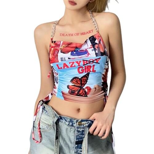 Sexy Women Summer Casia; Fashion Halter Backless Print Vest Stylish Sleeveless Lace-up Crop Tanks Tops for Ladies