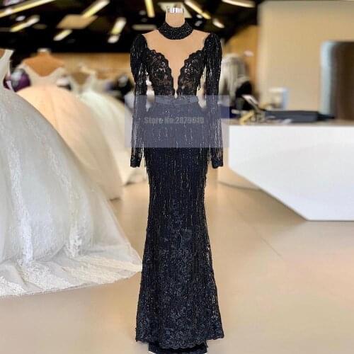 Luxury Black O-Neck Mermaid Evening Dress Floor-Length Long Sleeves Applique Tassel Sash Prom Dress Formal Dress Saudi Arabia