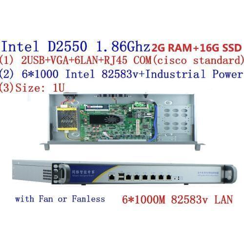 Firewall networking serer with atom D2550 1.86G 6*intel PCI-E 1000M 82583v Lan support intelliegent flowcrl ROS 2G RAM 16G SSD