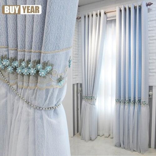 Fresh Korean Style Curtains Blue Princess Wind Lace Curtain for Girl Bedroom Girl Room Bay Window Shading Customization