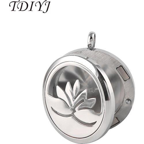 TDIYJ Lotus Flower 30MM Stainless Steel Magnetic Essential Oils Aromatherapy Perfume Locket Necklace Pendant 10pcs/lot