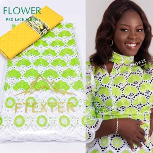 Green And Yellow 2.5+2.5 Yards Dry Lace With Bazin Riche Fabric African 100% Cotton Egypt Embroidered Swiss Voile Lace Fabric
