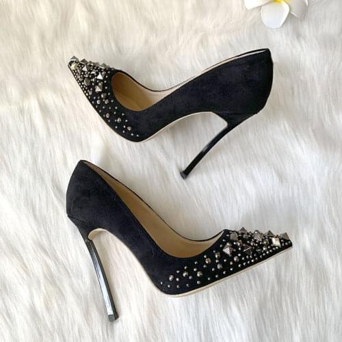 Summer new style sexy lady fashion women pumps black suede studded spikes pointy toe stiletto stripper High heels shoes 12cm